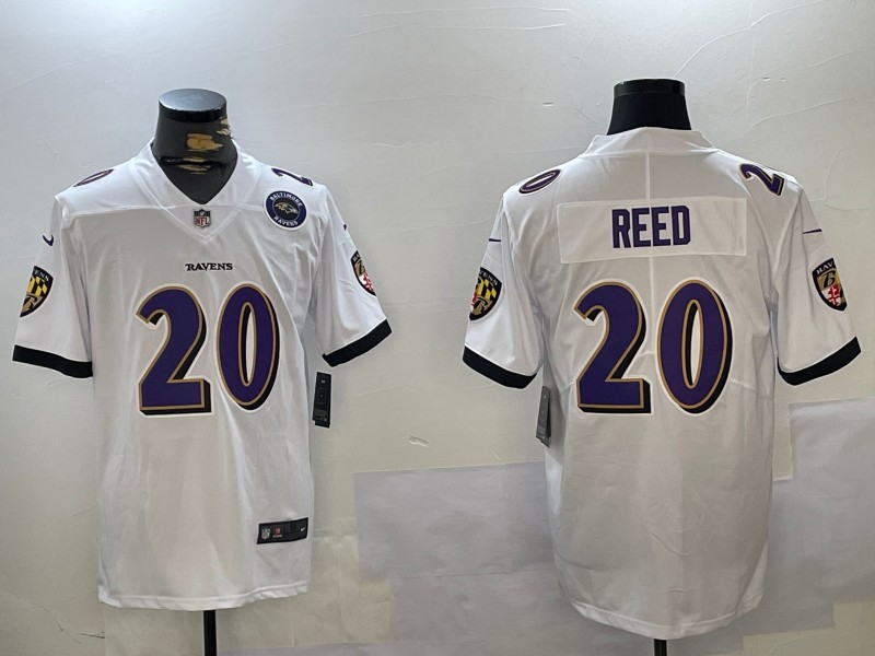 Men's Baltimore Ravens #20 Ed Reed White With Team Patch Vapor Limited Football Jersey