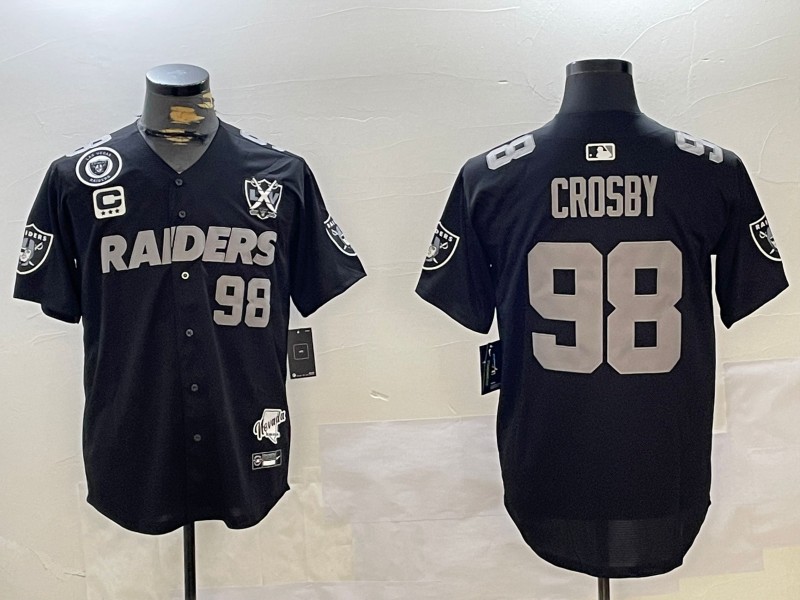 Men's Las Vegas Raiders #98 Maxx Crosby Black With Team Logo Nevada Silver Stat Map Patch And 65th Anniversary Patch 3-Star C Patch Stitched Baseball Jersey