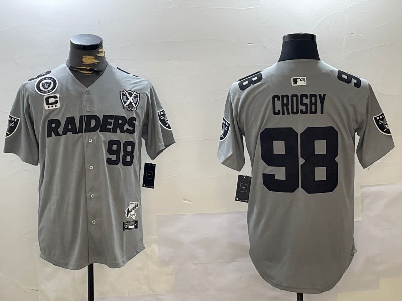 Men's Las Vegas Raiders #98 Maxx Crosby Gray With Team Logo Nevada Silver Stat Map Patch And 65th Anniversary Patch 3-Star C Patch Stitched Baseball Jersey