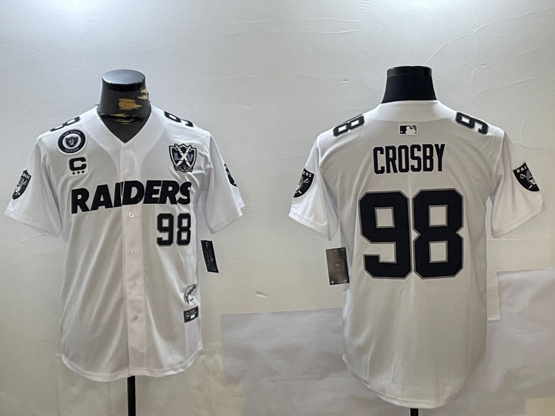 Men's Las Vegas Raiders #98 Maxx Crosby White With Team Logo Nevada Silver Stat Map Patch And 65th Anniversary Patch 3-Star C Patch Stitched Baseball Jersey