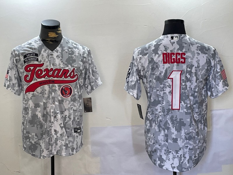 Men's Houston Texans #1 Stefon Diggs Team Logo Patch Arctic Camo 2024 Salute to Service Stitched Baseball Jersey