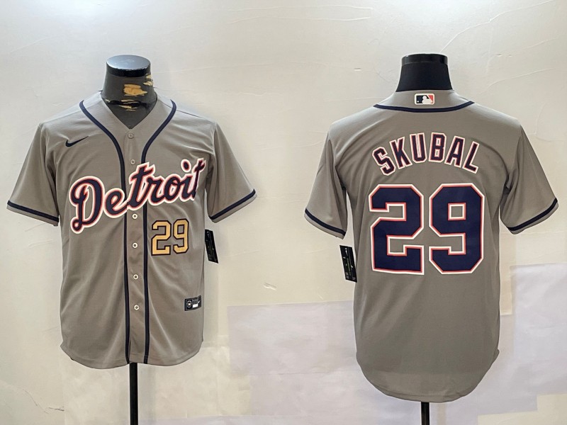 Men's Detroit Tigers #29 Tarik Skubal Grey Number Gold Cool Base Stitched Baseball Jersey