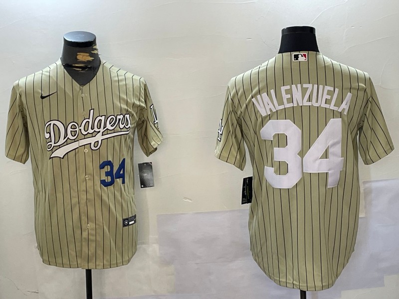 Men's Los Angeles Dodgers #34 Fernando Valenzuela Cream Number Blue Cool Base Stitched Baseball Jersey
