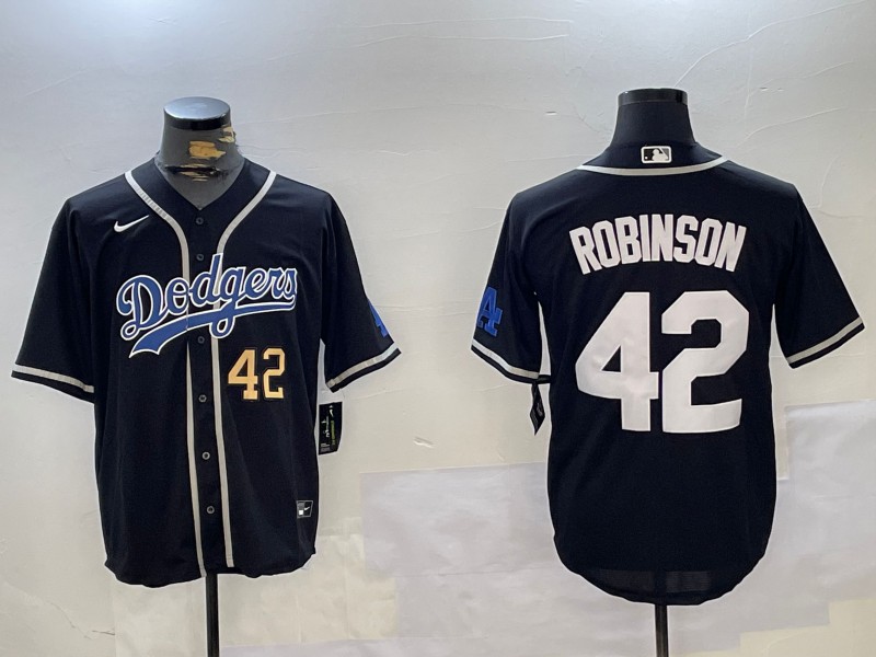 Men's Los Angeles Dodgers #42 Jackie Robinson Black Number Gold Cool Base Stitched Baseball Jersey