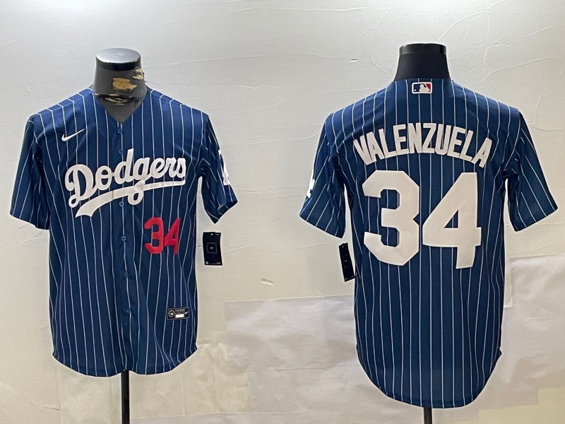 Men's Los Angeles Dodgers #34 Toro Valenzuela Royal Stripe Number Red Cool Base Stitched Baseball Jersey