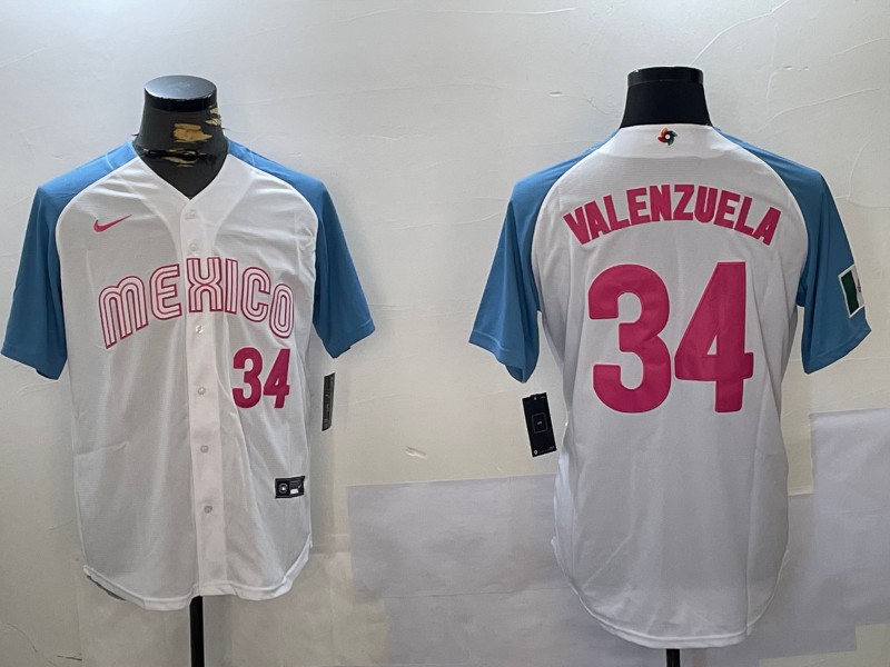 Men's Mexico Baseball #34 Fernando Valenzuela White Number Red Cool Base Stitched Jersey