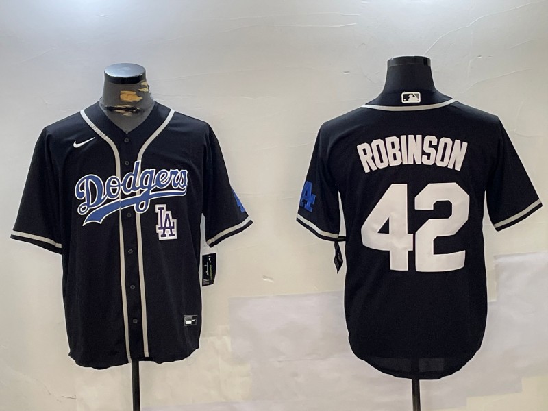 Men's Los Angeles Dodgers #42 Jackie Robinson Black White LA Patch Cool Base Stitched Baseball Jersey