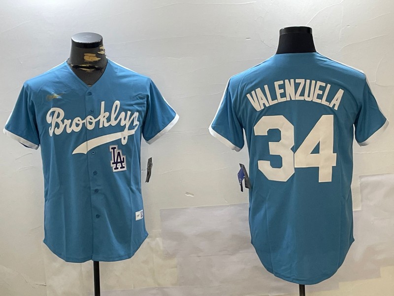 Men's Los Angeles Dodgers #34 Fernando Valenzuela Blue Split LA Cool Base Stitched Baseball Jersey