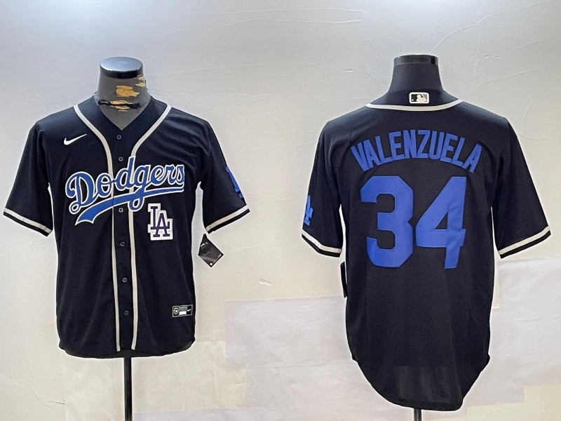 Men's Los Angeles Dodgers #34 Fernando Valenzuela Black LA Patch Cool Base Stitched Baseball Jersey