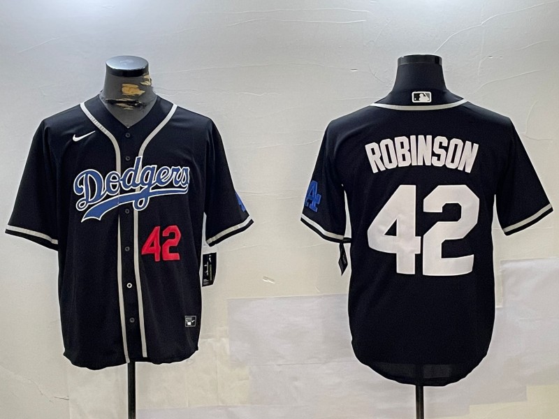 Men's Los Angeles Dodgers #42 Jackie Robinson Black Number Red Cool Base Stitched Baseball Jersey