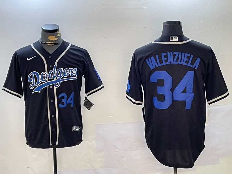 Men's Los Angeles Dodgers #34 Fernando Valenzuela Black Number Blue Cool Base Stitched Baseball Jersey
