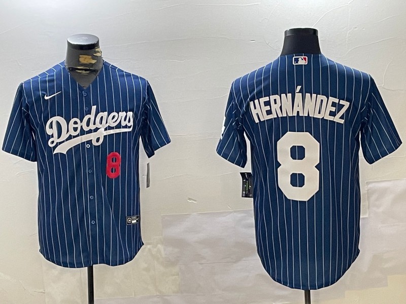 Men's Los Angeles Dodgers #8 Enrique Hernández Royal Stripe Number Red Cool Base Stitched Baseball Jersey