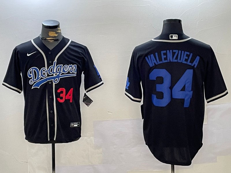 Men's Los Angeles Dodgers #34 Fernando Valenzuela Black Number Red Cool Base Stitched Baseball Jersey