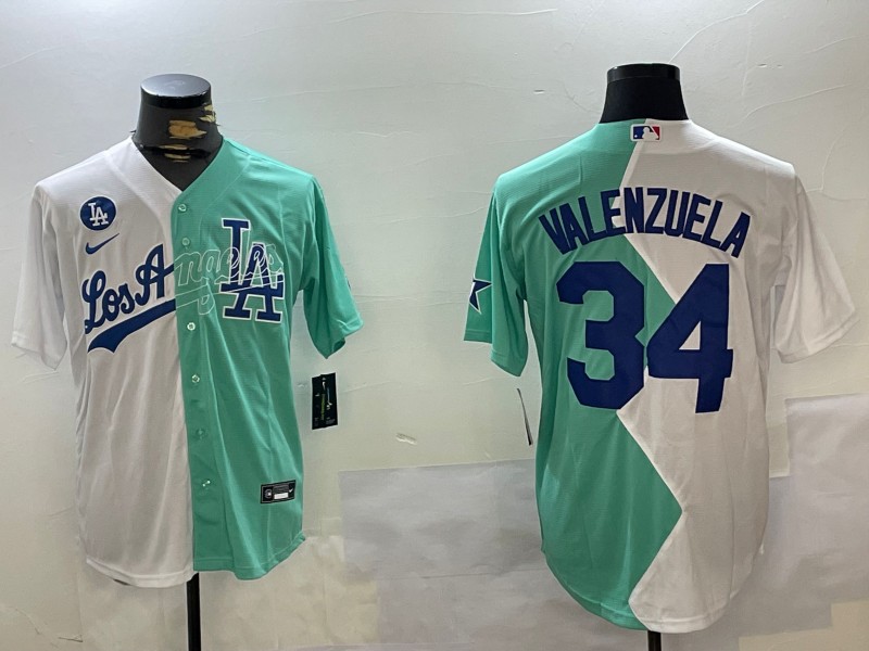 Men's Los Angeles Dodgers #34 Fernando Valenzuela White Green Split Cool Base Stitched Baseball Jersey