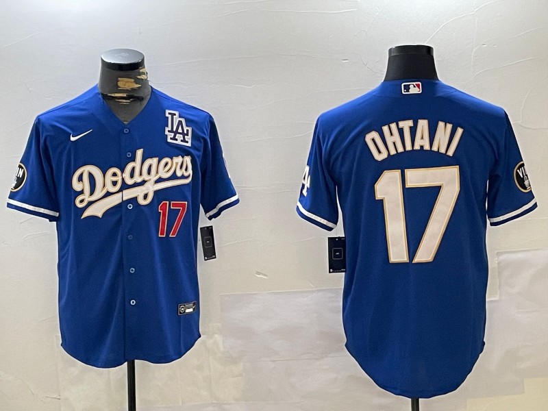 Men's Los Angeles Dodgers #17 Shohei Ohtani Blue LA Vin Patch Cool Base Stitched Baseball Jersey