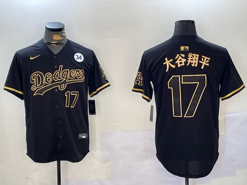 Men's Los Angeles Dodgers #17 大谷翔平 Black With NO. 34 Patch Cool Base Stitched Jersey