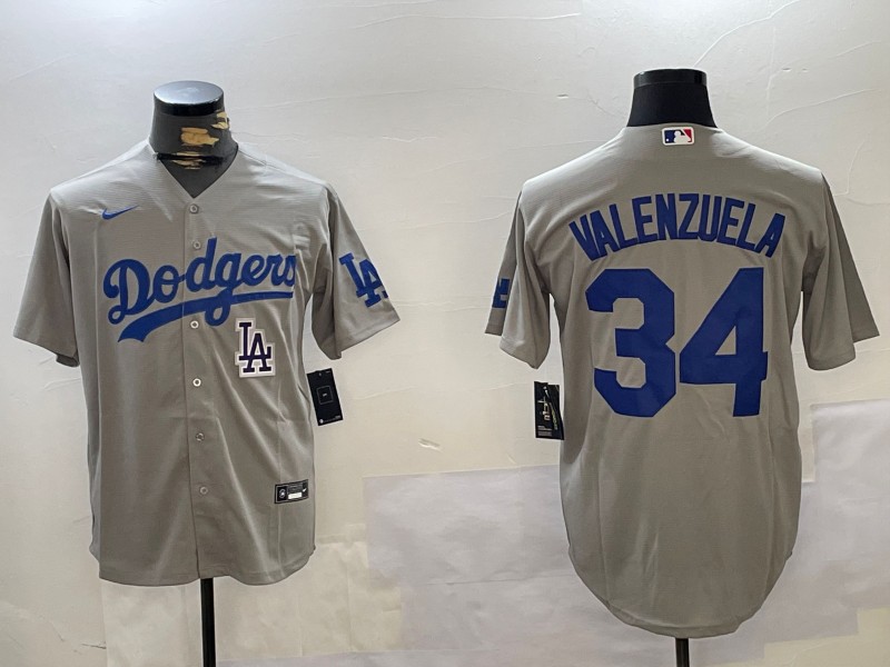 Men's Los Angeles Dodgers #34 Fernando Valenzuela Grey LA patch Cool Base Stitched Baseball Jersey