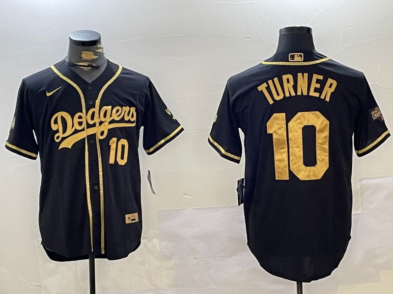 Men's Los Angeles Dodgers #10 Justin Turner Black Gold Cool Base Stitched Baseball Jersey