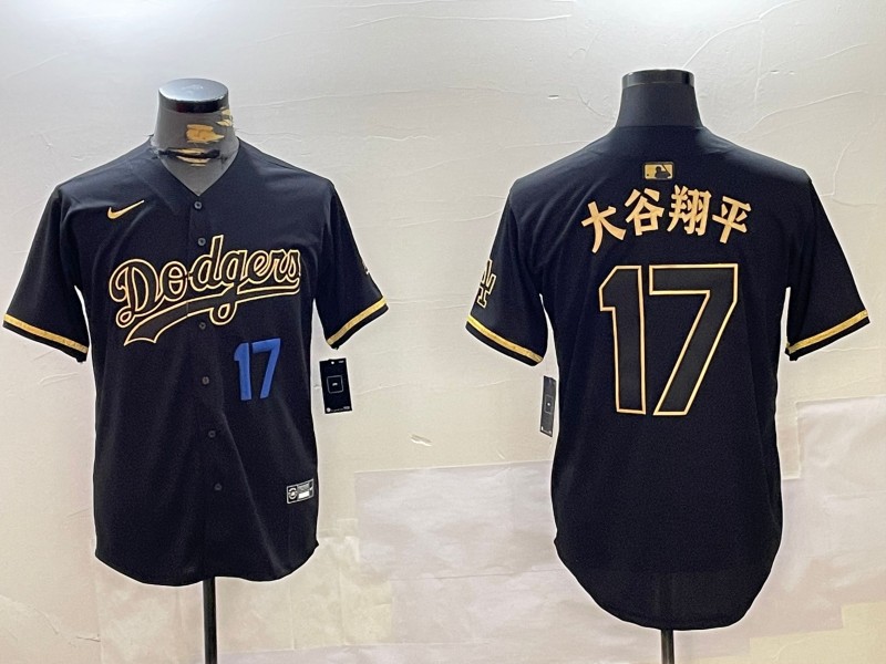 Men's Los Angeles Dodgers #17 大谷翔平 Black Gold Number 17 Blue Limited Stitched Baseball Jersey
