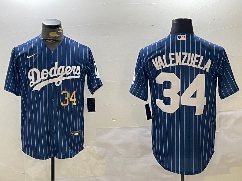 Men's Los Angeles Dodgers #34 Toro Valenzuela Royal Stripe Number Gold Cool Base Stitched Baseball Jersey