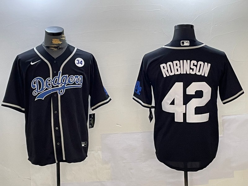 Men's Los Angeles Dodgers #42 Jackie Robinson Black With NO. 34 Patch Cool Base Stitched Baseball Jersey