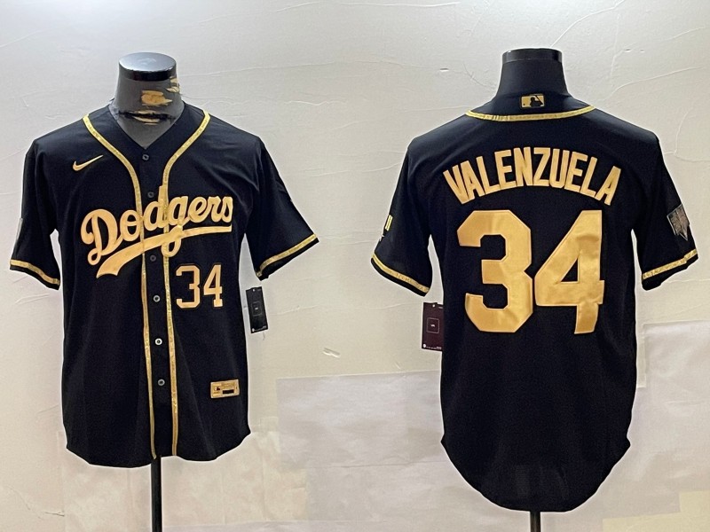 Men's Los Angeles Dodgers #34 Fernando Valenzuela Black Gold Number Cool Base Stitched Baseball Jersey