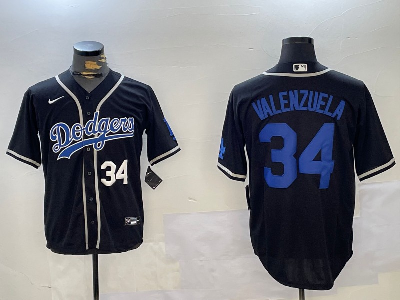 Men's Los Angeles Dodgers #34 Fernando Valenzuela Black Number White Cool Base Stitched Baseball Jersey