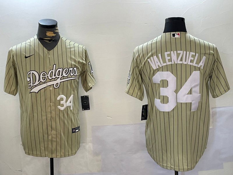 Men's Los Angeles Dodgers #34 Fernando Valenzuela Cream Number White Cool Base Stitched Baseball Jersey