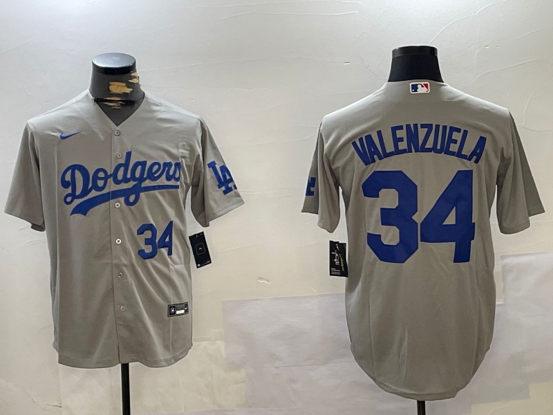 Men's Los Angeles Dodgers #34 Fernando Valenzuela Grey Number Blue Cool Base Stitched Baseball Jerseys