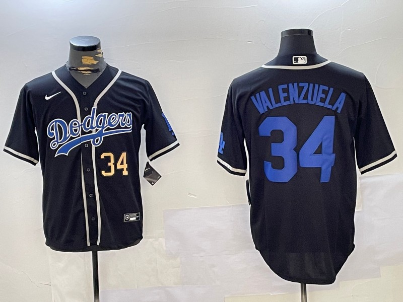 Men's Los Angeles Dodgers #34 Fernando Valenzuela Black Number Gold Cool Base Stitched Baseball Jersey