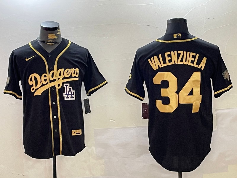 Men's Los Angeles Dodgers #34 Fernando Valenzuela Black Gold LA Cool Base Stitched Baseball Jersey