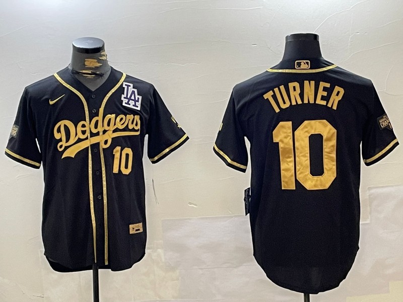 Men's Los Angeles Dodgers #10 Justin Turner Black Gold LA Cool Base Stitched Baseball Jersey