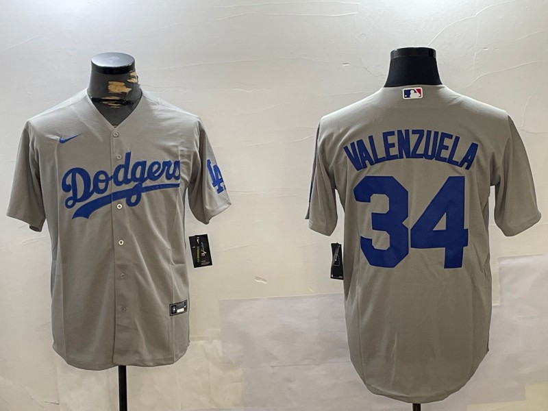 Men's Los Angeles Dodgers #34 Fernando Valenzuela Grey Cool Base Stitched Baseball Jersey