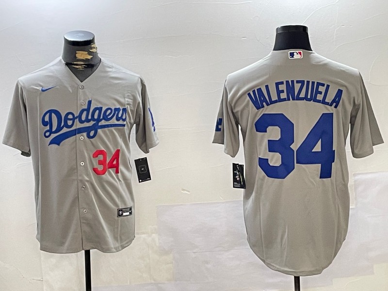 Men's Los Angeles Dodgers #34 Fernando Valenzuela Grey Cool Base Stitched Baseball Jerseys