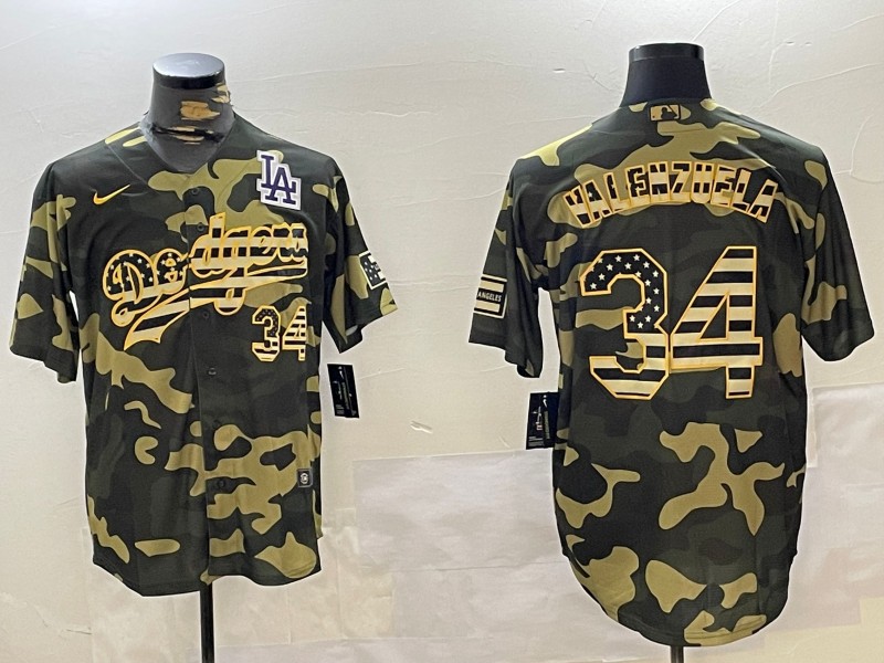Men's Los Angeles Dodgers Mexico #34 Fernando Valenzuela Camo Gold LA Cool Base Stitched Baseball Jersey