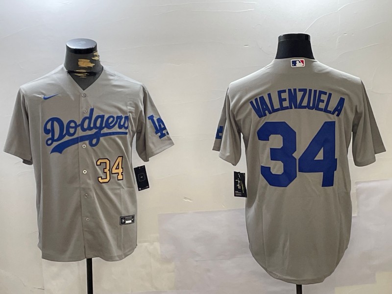 Men's Los Angeles Dodgers #34 Fernando Valenzuela Grey Number Gold Cool Base Stitched Baseball Jerseys