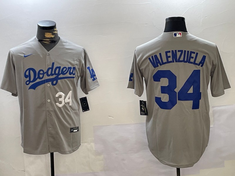 Men's Los Angeles Dodgers #34 Fernando Valenzuela Grey Number White Cool Base Stitched Baseball Jersey