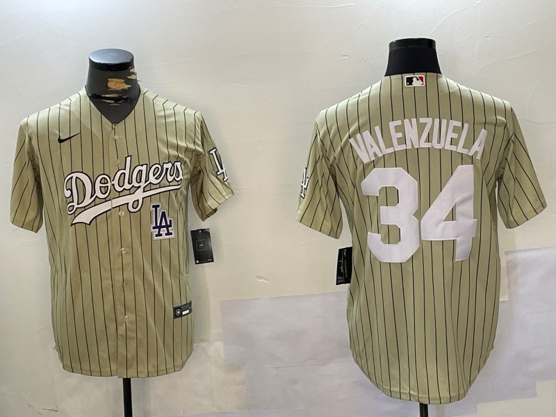 Men's Los Angeles Dodgers #34 Fernando Valenzuela Cream LA Patch Cool Base Stitched Baseball Jersey