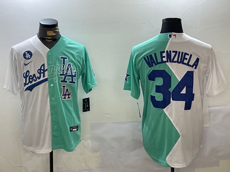 Men's Los Angeles Dodgers #34 Fernando Valenzuela White Green LA Split Cool Base Stitched Baseball Jersey