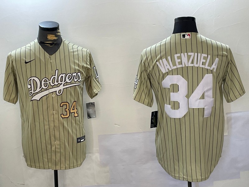 Men's Los Angeles Dodgers #34 Fernando Valenzuela Cream Number Gold Cool Base Stitched Baseball Jersey