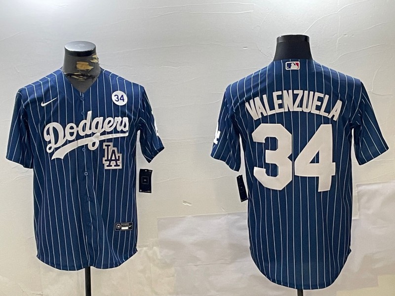 Men's Los Angeles Dodgers #34 Toro Valenzuela Royal Stripe 34 Patch LA Base Stitched Baseball Jersey