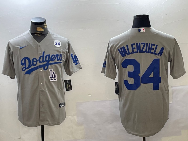 Men's Los Angeles Dodgers #34 Fernando Valenzuela Grey With No. 34 LA Patch Cool Base Stitched Baseball Jersey