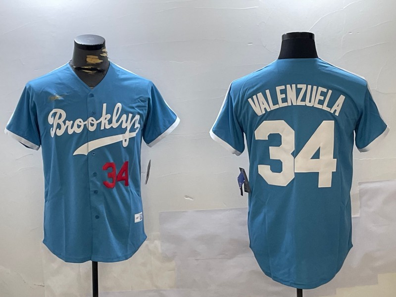 Men's Los Angeles Dodgers #34 Fernando Valenzuela Blue Split Number Red Cool Base Stitched Baseball Jersey