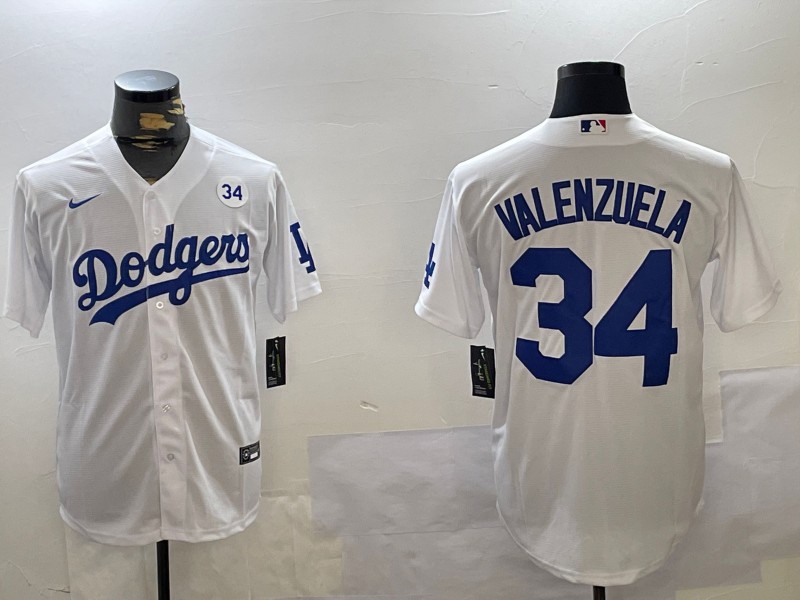 Men's Los Angeles Dodgers #34 Fernando Valenzuela White With No. 34 Patch Limited Stitched Baseball Jerseys