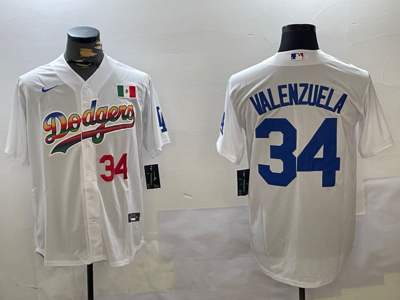 Men's Los Angeles Dodgers Mexico #34 Fernando Valenzuela White Number 34 Red Cool Base Stitched Baseball Jersey