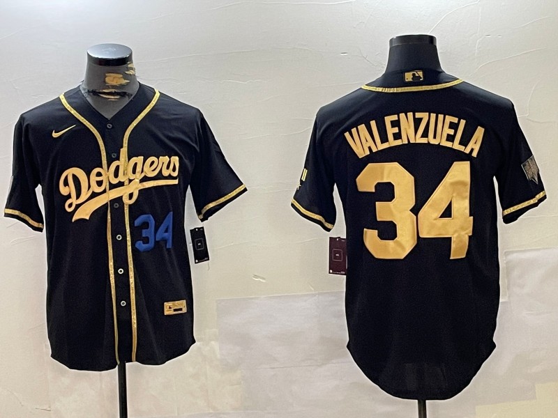 Men's Los Angeles Dodgers #34 Fernando Valenzuela Black Gold Number 34 Blue Cool Base Stitched Baseball Jersey