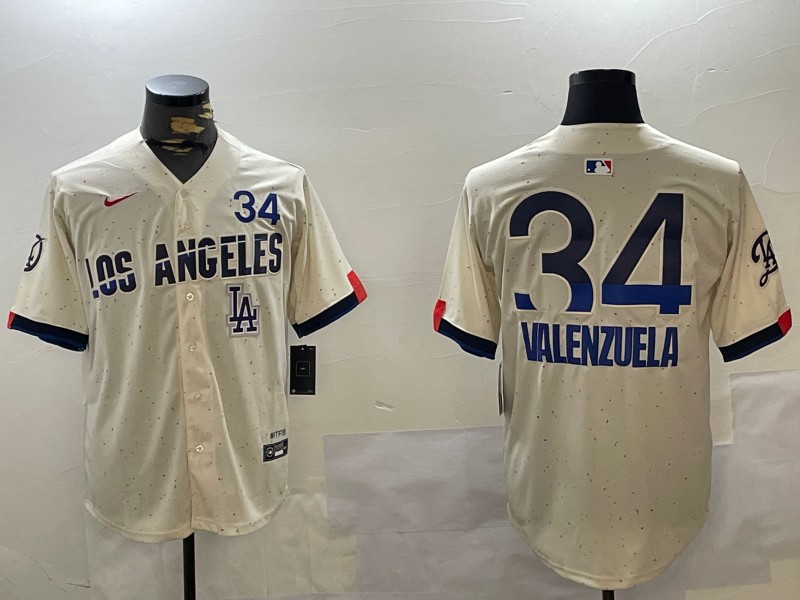 Men's Los Angeles Dodgers #34 Fernando Valenzuela Cream LA 2024 City Connect Limited Stitched Baseball Jersey