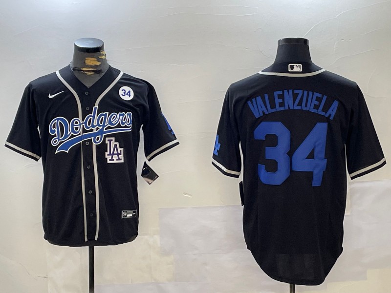 Men's Los Angeles Dodgers #34 Fernando Valenzuela Black With No. 34 LA Patch Cool Base Stitched Baseball Jersey