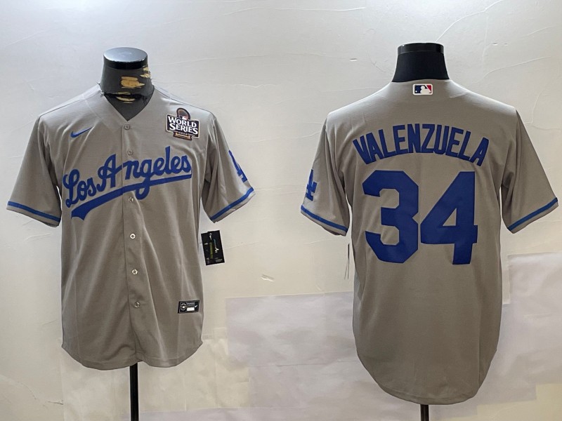 Men's Los Angeles Dodgers Mexico #34 Fernando Valenzuela Grey 2024 World Series Patch Cool Base Stitched Baseball Jerseys