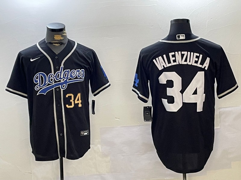 Men's Los Angeles Dodgers #34 Fernando Valenzuela Black Number 34 Gold Cool Base Stitched Baseball Jerseys